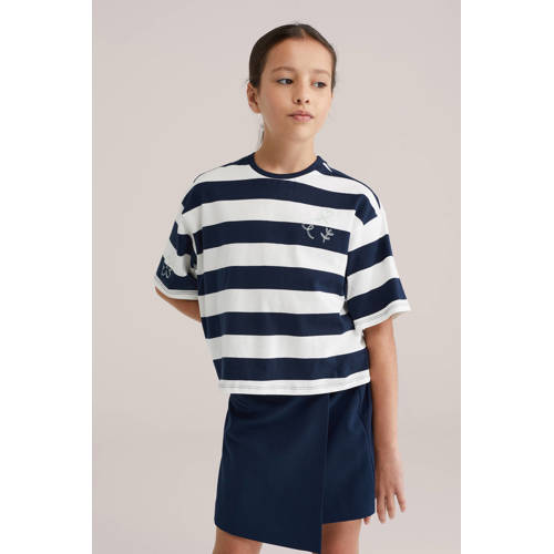 WE Fashion gestreepte T-shirt donkerblauw Meisjes Katoen Ronde hals Streep - maat 158/164 afbeelding