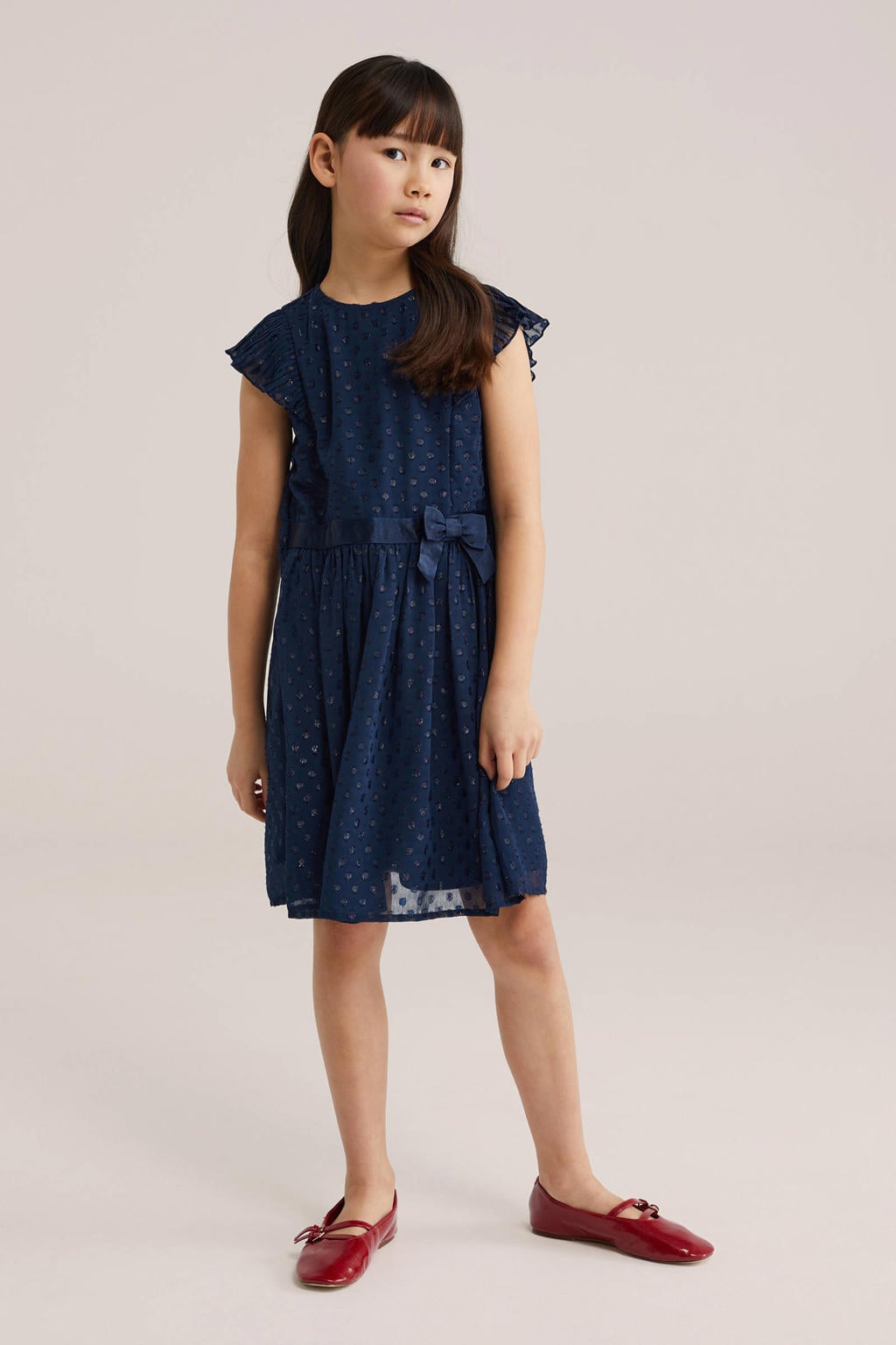 Donkerblauwe meisjes WE Fashion korte jurk van polyether met effen, korte mouwen en ronde hals