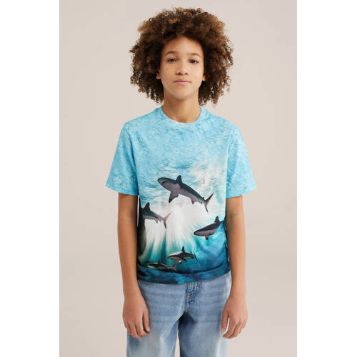 WE Fashion T-shirt Blauw Jongens Katoen Ronde hals Printopdruk - maat 170/176 afbeelding