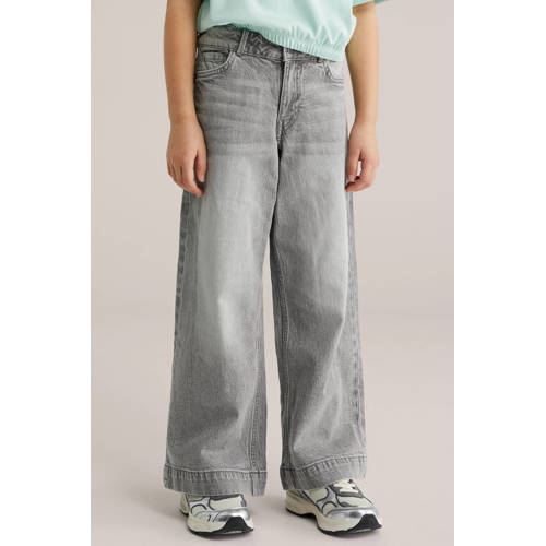 WE Fashion high waist wide leg jeans grey denim Grijs Effen - maat 176 afbeelding