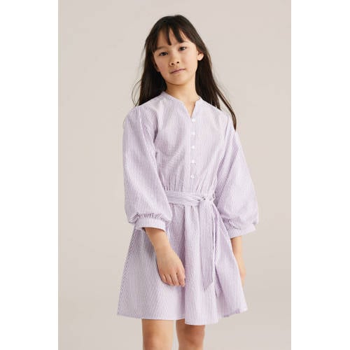 WE Fashion gestreepte korte jurk lila Paars Meisjes Katoen V-hals Streep