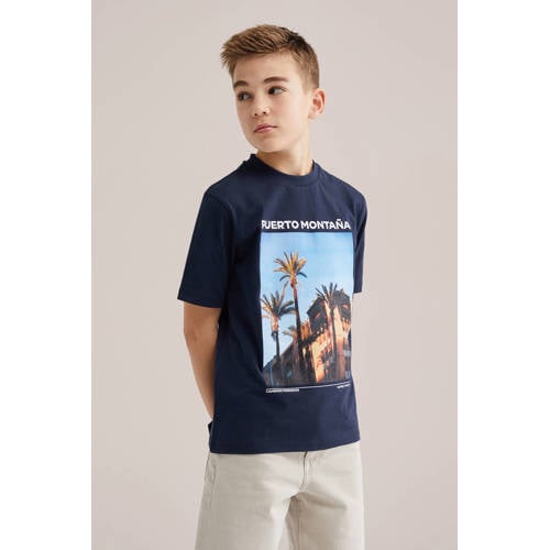 WE Fashion T-shirt donkerblauw Jongens Katoen Ronde hals Printopdruk - maat 170/176 afbeelding
