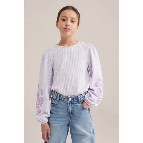 WE Fashion gestreepte gebloemde blousetop Paars Meisjes Katoen Ronde hals - maat 134/140 afbeelding