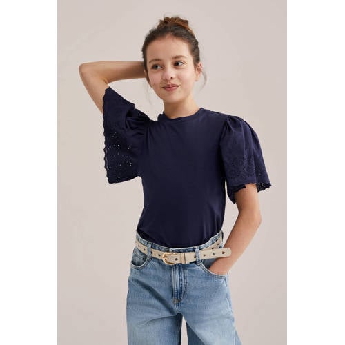 WE Fashion T-shirt donkerblauw broderie Meisjes Katoen Ronde hals Effen - maat 170/176 afbeelding