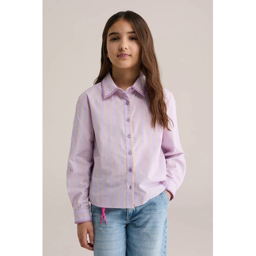 WE Fashion gestreepte blouse lila Paars Meisjes Katoen Klassieke kraag
