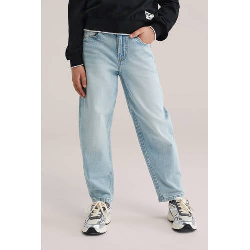 WE Fashion high waist barrel jeans light blue denim Effen - maat 152 afbeelding