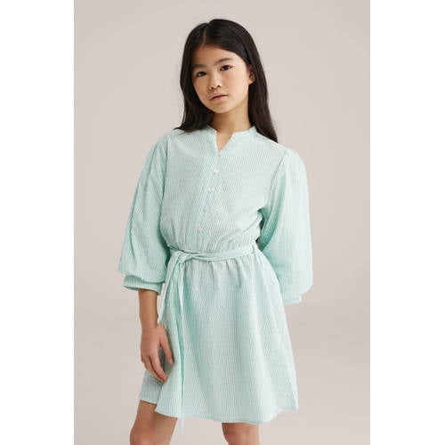 WE Fashion gestreepte korte jurk mintgroen Meisjes Katoen V-hals Streep