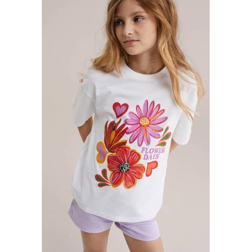 WE Fashion gebloemde T-shirt wit Meisjes Katoen Ronde hals Bloemen - maat 110/116 afbeelding