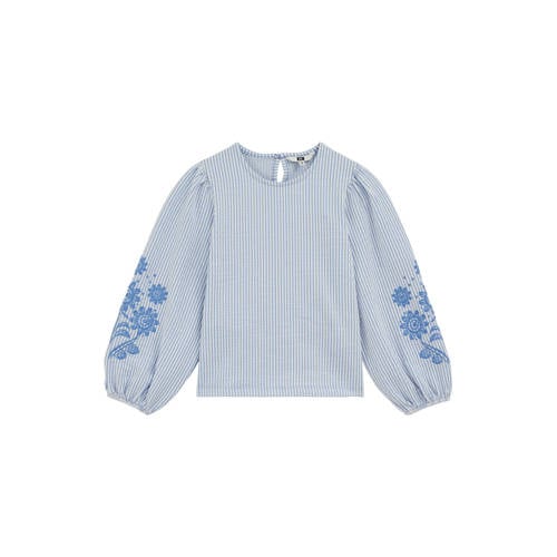 WE Fashion gestreepte gebloemde blousetop lichtblauw Meisjes Katoen Ronde hals - maat 146/152 afbeelding