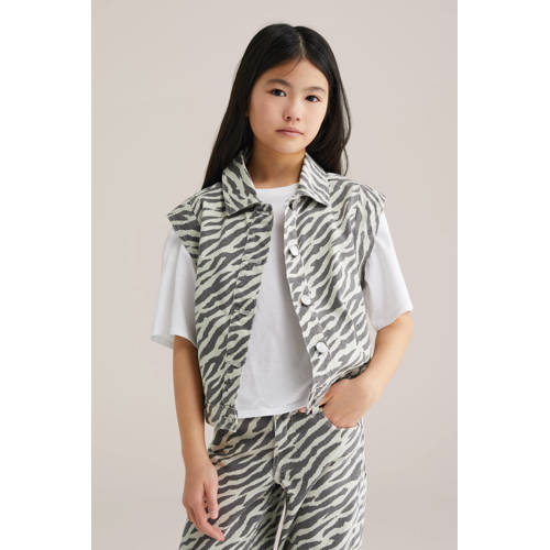 WE Fashion Blue Ridge denim gilet met zebraprint ecru Dierenprint