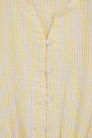 thumbnail: Lichtgele meisjes WE Fashion gestreepte korte jurk van katoen met half lange mouwen, V-hals en knoopsluiting