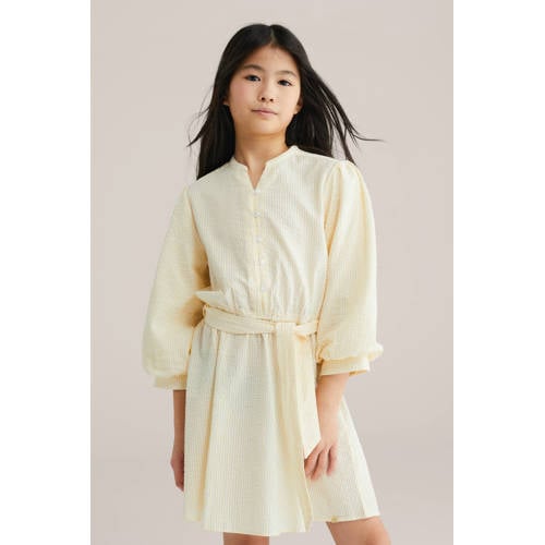 WE Fashion gestreepte korte jurk lichtgeel Meisjes Katoen V-hals Streep