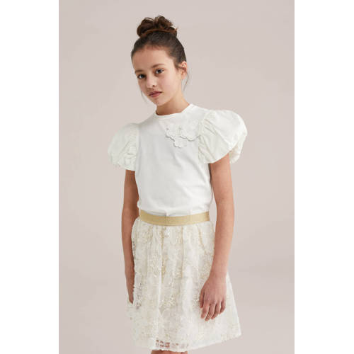 WE Fashion T-shirt wit Meisjes Stretchkatoen Ronde hals Effen - maat 134/140 afbeelding