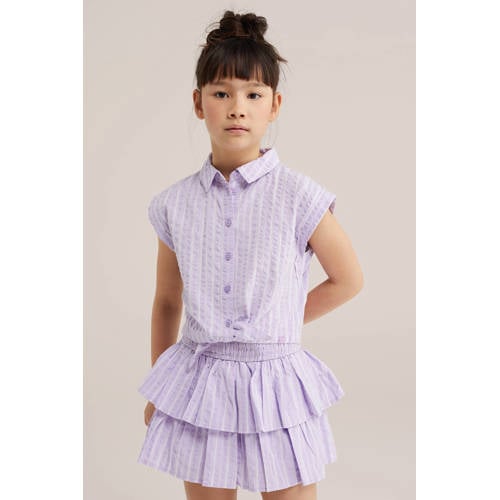 WE Fashion gestreepte blousetop met textuur lila Paars Meisjes Katoen Klassieke kraag - maat 158/164 afbeelding