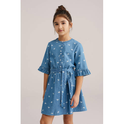WE Fashion spijkerjurk met hartjes medium blue denim Blauw Meisjes Katoen Ronde hals - maat 146/152 afbeelding