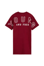 thumbnail: Donkerrode meisjes WE Fashion T-shirtjurk korte jurk van katoen met backprint, korte mouwen en ronde hals
