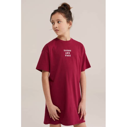 WE Fashion T-shirtjurk korte jurk met backprint donkerrood Meisjes Katoen Ronde hals - maat 170/176 afbeelding