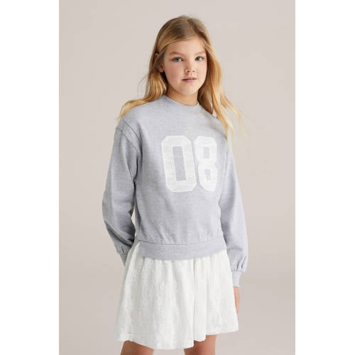 WE Fashion sweatjurk lichtgrijs Meisjes Ronde hals Tekst