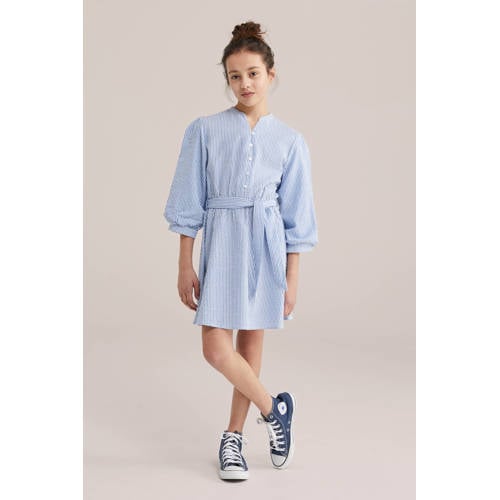 WE Fashion gestreepte korte jurk blauw Meisjes Katoen V-hals Streep