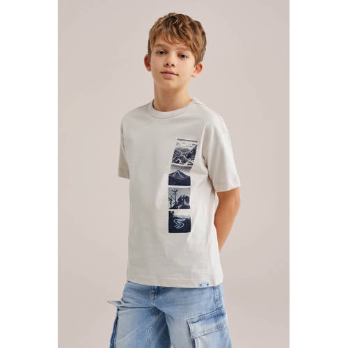 WE Fashion T-shirt beige Jongens Katoen Ronde hals Printopdruk - maat 158/164 afbeelding
