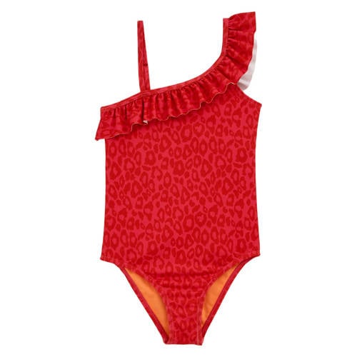 WE Fashion badpak met ruches rood Meisjes Polyester Dierenprint