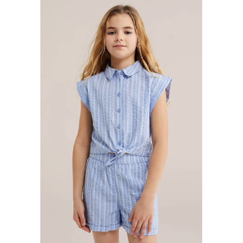 WE Fashion gestreepte blousetop lichtblauw met textuur Meisjes Katoen Klassieke kraag - maat 122/128 afbeelding