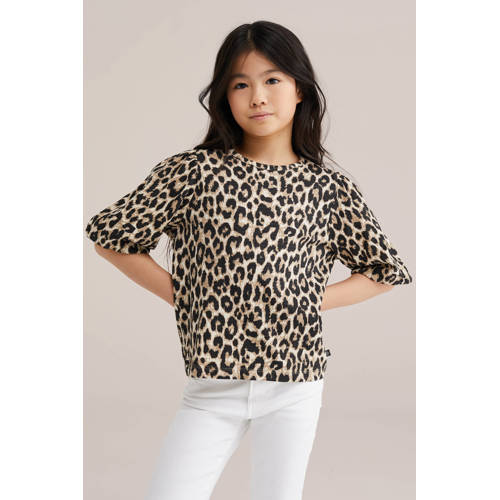 WE Fashion blousetop met panterprint bruin Meisjes Katoen Ronde hals Dierenprint - maat 122/128 afbeelding
