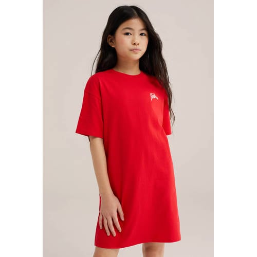 WE Fashion T-shirtjurk korte jurk met backprint rood Meisjes Katoen Ronde hals - maat 122/128 afbeelding