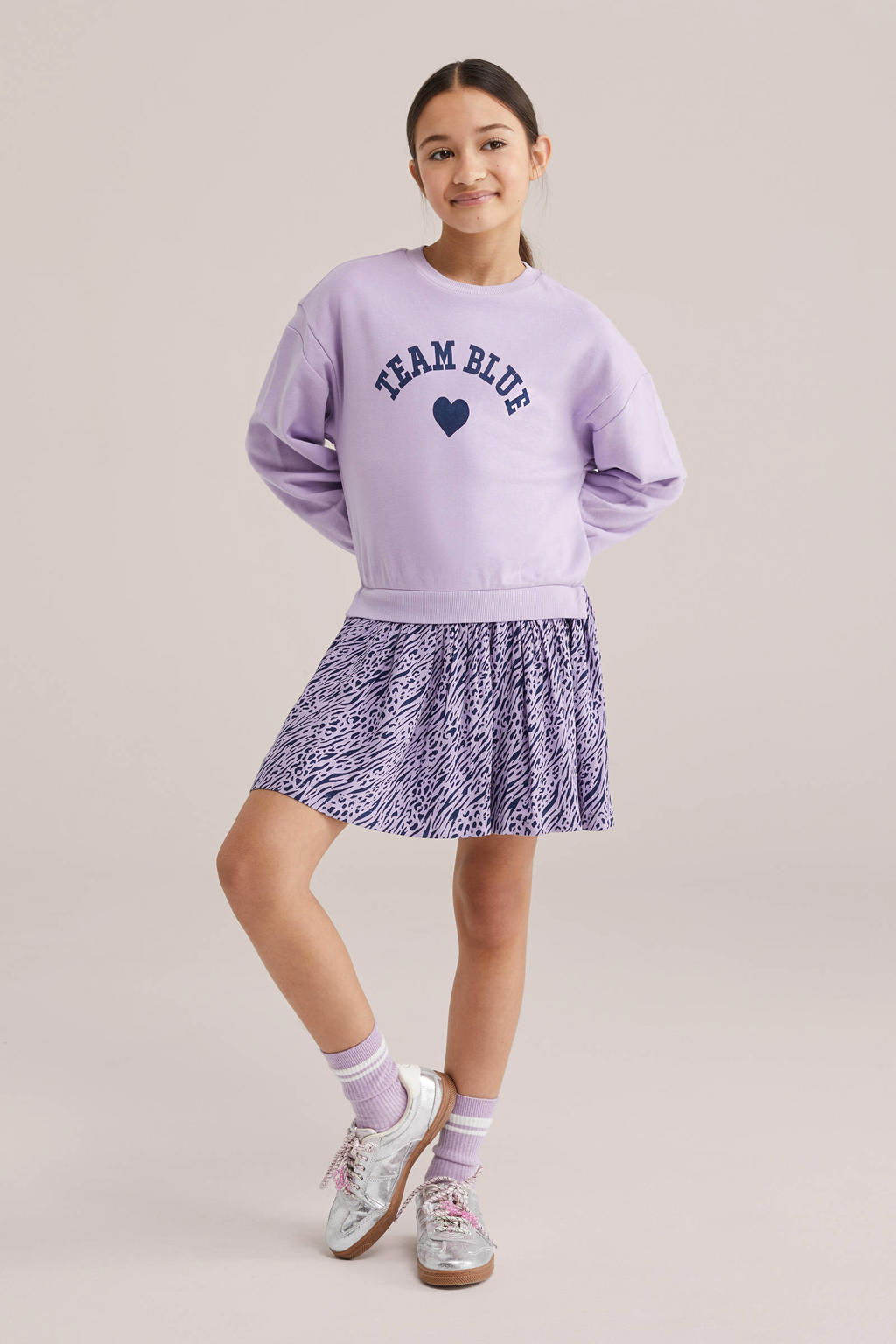 Lilakleurige meisjes WE Fashion sweatjurk met lange mouwen en ronde hals