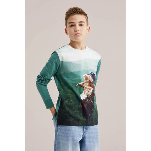WE Fashion longsleeve donkergroen Jongens Katoen Ronde hals All over print - maat 170/176 afbeelding