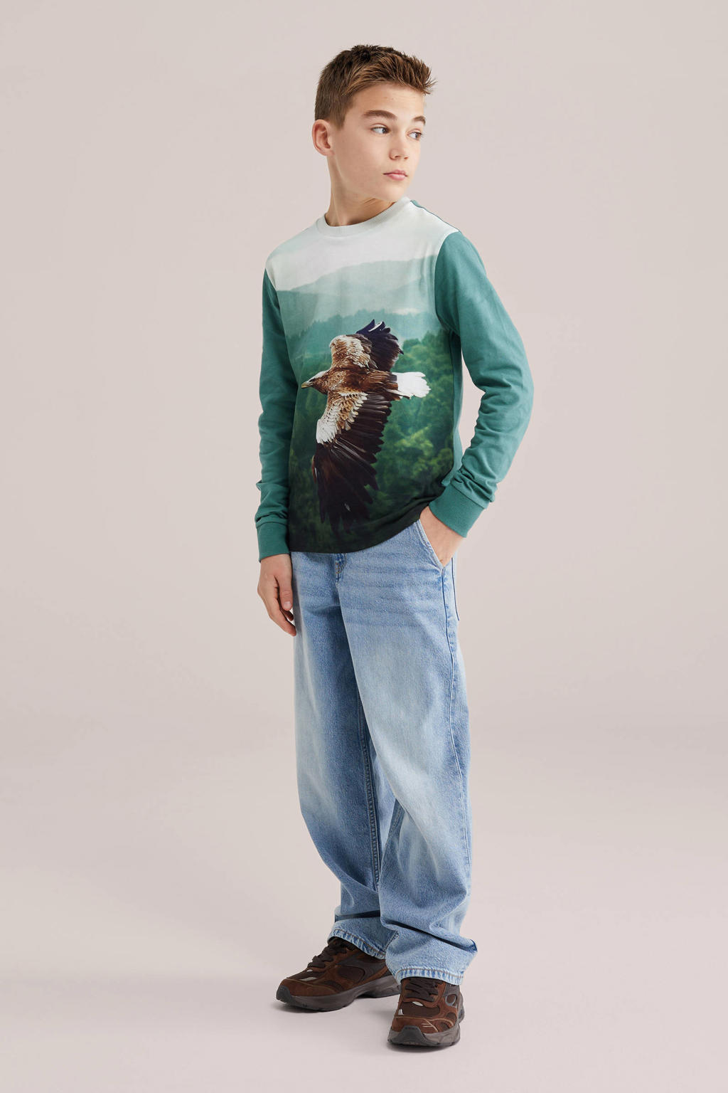 Donkergroene jongens WE Fashion longsleeve van katoen met lange mouwen en ronde hals