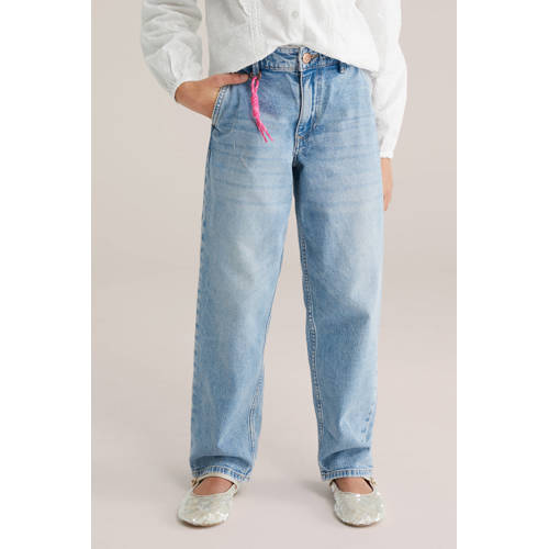 WE Fashion high waist baggy jeans baggy jeans light blue denim Blauw Effen - maat 158 - glitter afbeelding