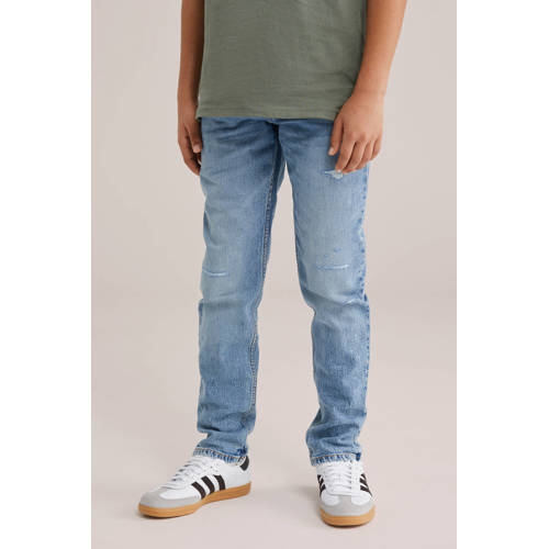 WE Fashion slim fit jeans medium blue denim Blauw Effen - maat 158 afbeelding