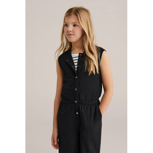 WE Fashion Straight jumpsuit zwart Meisjes Polyester Ronde hals Effen - maat 128 afbeelding