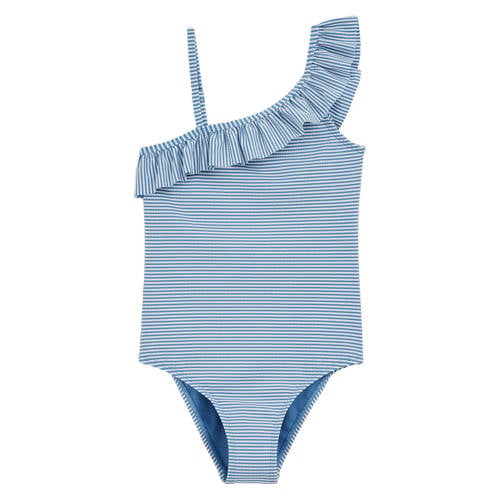 WE Fashion gestreept badpak met ruches blauw/wit Meisjes Polyester Streep - maat 98/104 afbeelding