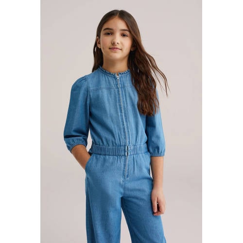 WE Fashion Straight jumpsuit medium blue denim Blauw Effen - maat 158 afbeelding