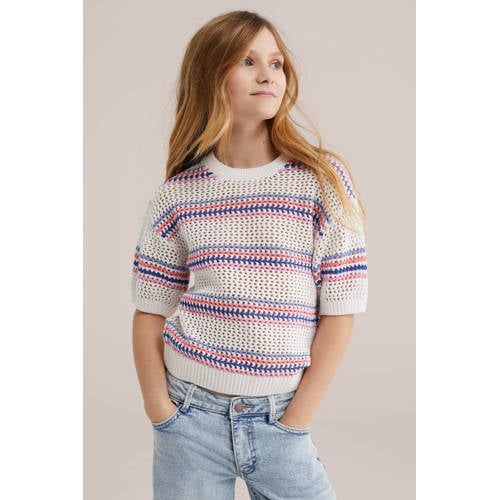 WE Fashion grof gebreide trui met strepen wit Meisjes Katoen Ronde hals - maat 110/116 afbeelding