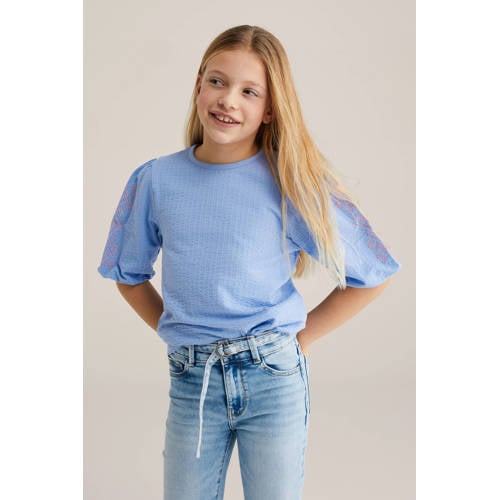 WE Fashion blousetop lichtblauw Meisjes Katoen Ronde hals Printopdruk