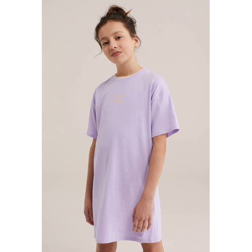 WE Fashion T-shirtjurk korte jurk met backprint lila Paars Meisjes Katoen Ronde hals - maat 146/152 afbeelding