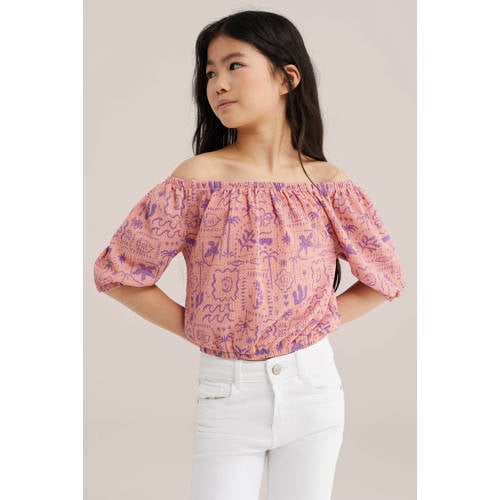 WE Fashion off shoulder top oranje All over print