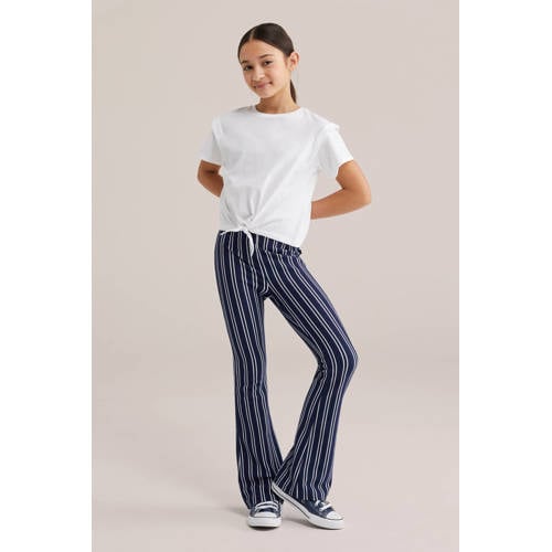 WE Fashion gestreepte flared broek donkerblauw Meisjes Katoen Streep - maat 128 afbeelding