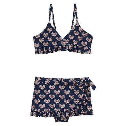 WE Fashion triangel bikini met ruches donkerblauw Meisjes Polyester Hartjes - maat 134/140 afbeelding