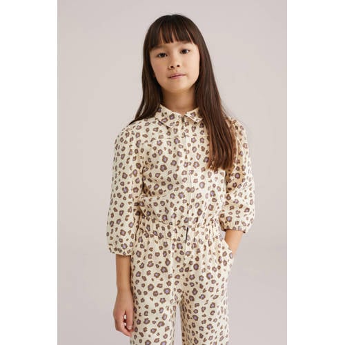 WE Fashion Straight jumpsuit ecru met panterprint Meisjes Katoen Klassieke kraag