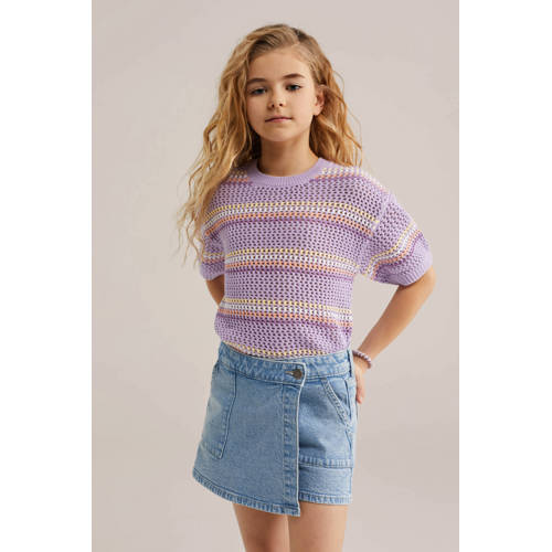 WE Fashion gebreide trui met strepen lila Paars Meisjes Katoen Ronde hals - maat 134/140 afbeelding