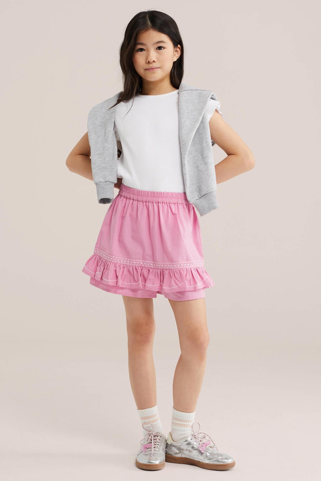 Witte meisjes WE Fashion T-shirt van stretchkatoen met effen, korte mouwen, ronde hals en ruches