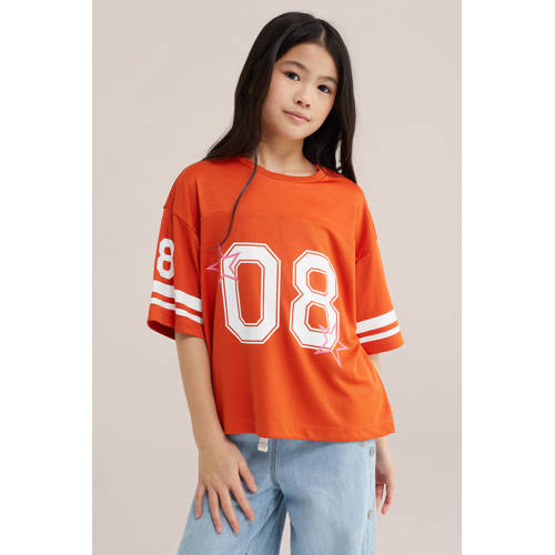 WE Fashion T-shirt oranje Meisjes Polyester Ronde hals Meerkleurig - maat 110/116 afbeelding