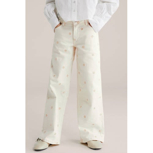 WE Fashion gebloemde wide leg jeans ecru Meisjes Denim Bloemen - maat 110 afbeelding