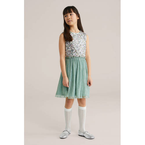 WE Fashion korte jurk met pailletten groen Meisjes Polyester Ronde hals