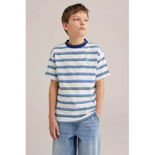 WE Fashion gestreepte T-shirt donkerblauw Jongens Katoen Ronde hals Streep - maat 134/140 afbeelding