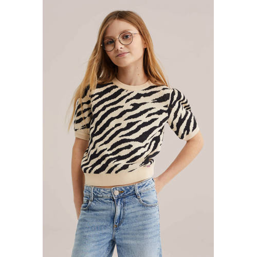 WE Fashion trui met zebraprint ecru fijn gebreid Meisjes Katoen Ronde hals - maat 122/128 afbeelding